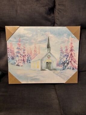 Winter Chapel Canvas Wall Art - Pastel Snow Scene